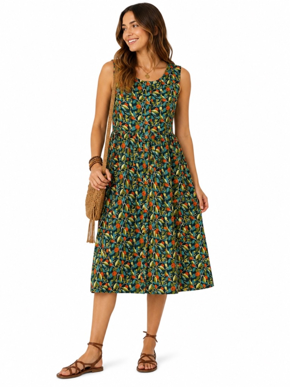 Wee Wildlings Green Botanical Cotton Midi Dress L Pockets Garden Folk Floral